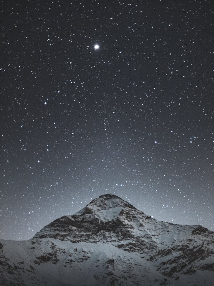 A Snow Covered Mountain Under A Starry Sky