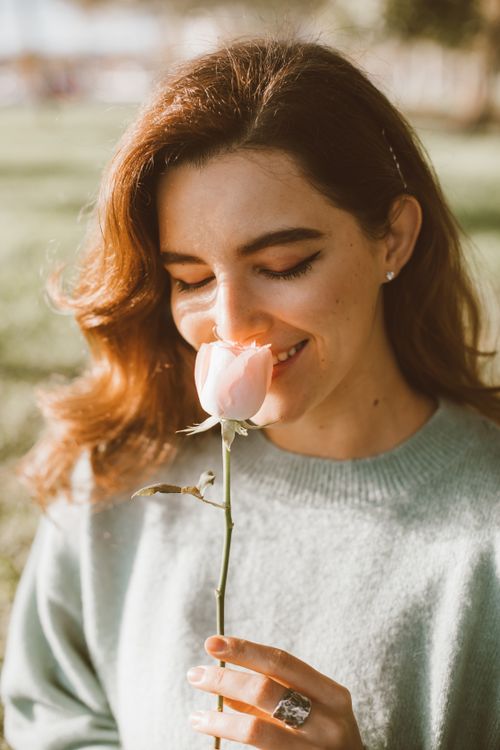 Free A young woman with a rose, savoring its fragrance during a sunny day outdoors. Stock Photo