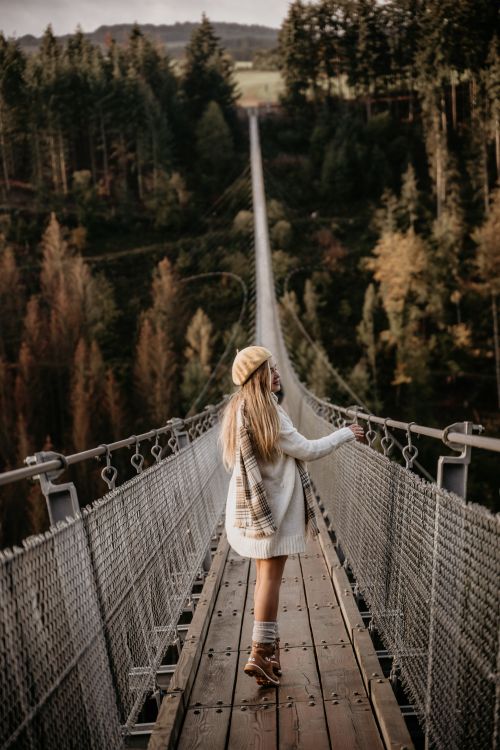 Free A woman walks on Geierlay Suspension Bridge surrounded by autumn forests in Germany. Stock Photo