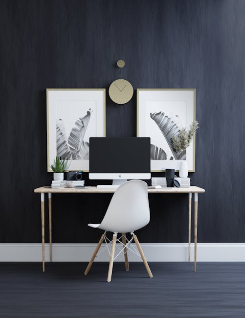 Sleek minimalist home office setup with modern furniture and decor elements.