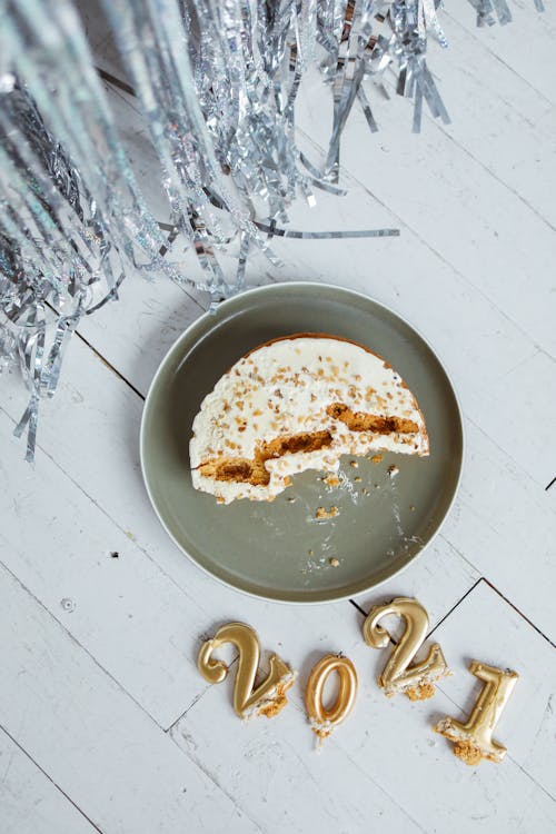 A Slice of Cake on a Plate near the 2021 Candles