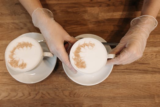Overhead view of barista hands presenting cappuccinos with latte art on a wooden table.
