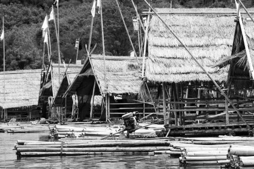 Free Black and white image of thatched raft houses floating on a calm river, depicting rural simplicity. Stock Photo
