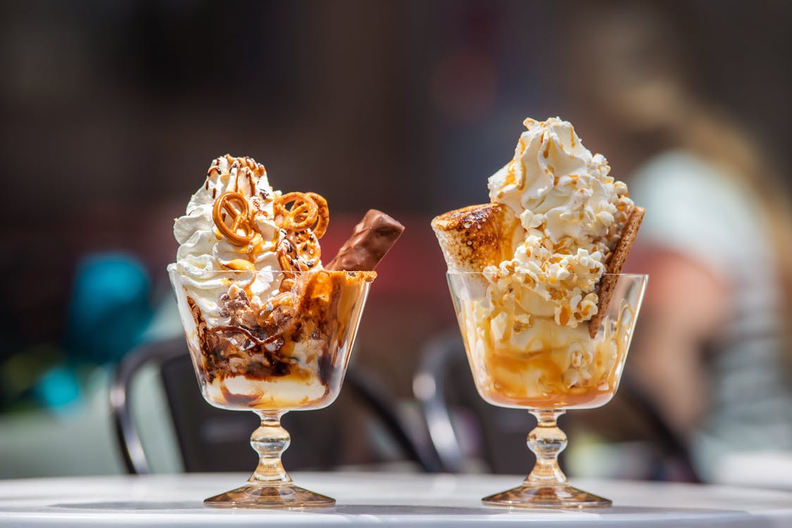 Tasty desserts served on table in cafe