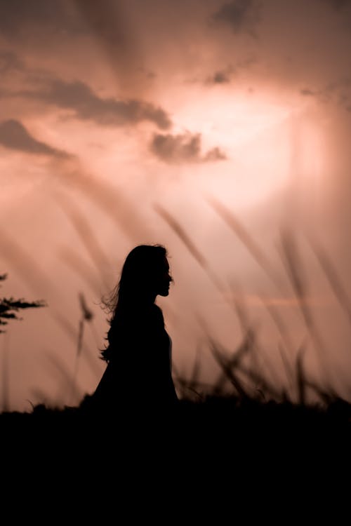 Silhouette of Woman Standing on Grass Field during Sunset