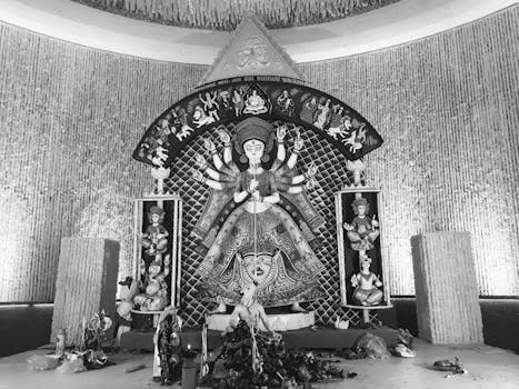 Black and white image of a Durga idol during the Durga Puja festival in India.