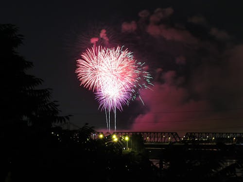 Fireworks Display Over Metal Bridge