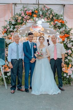 A bride and groom with family at a wedding under a floral arch.