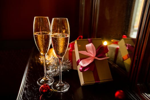 Composition of glasses of champagne placed on table near presents and festive decorations during Christmas celebration