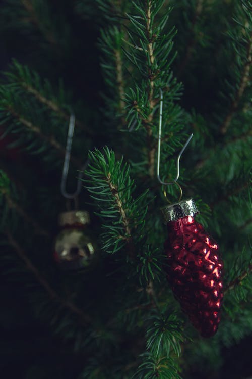 Closeup of branch of Christmas tree with red cone toy hanging on it