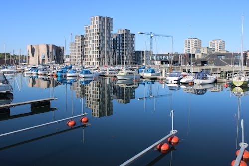 White and Blue Boats on Body of Water Near City Buildings