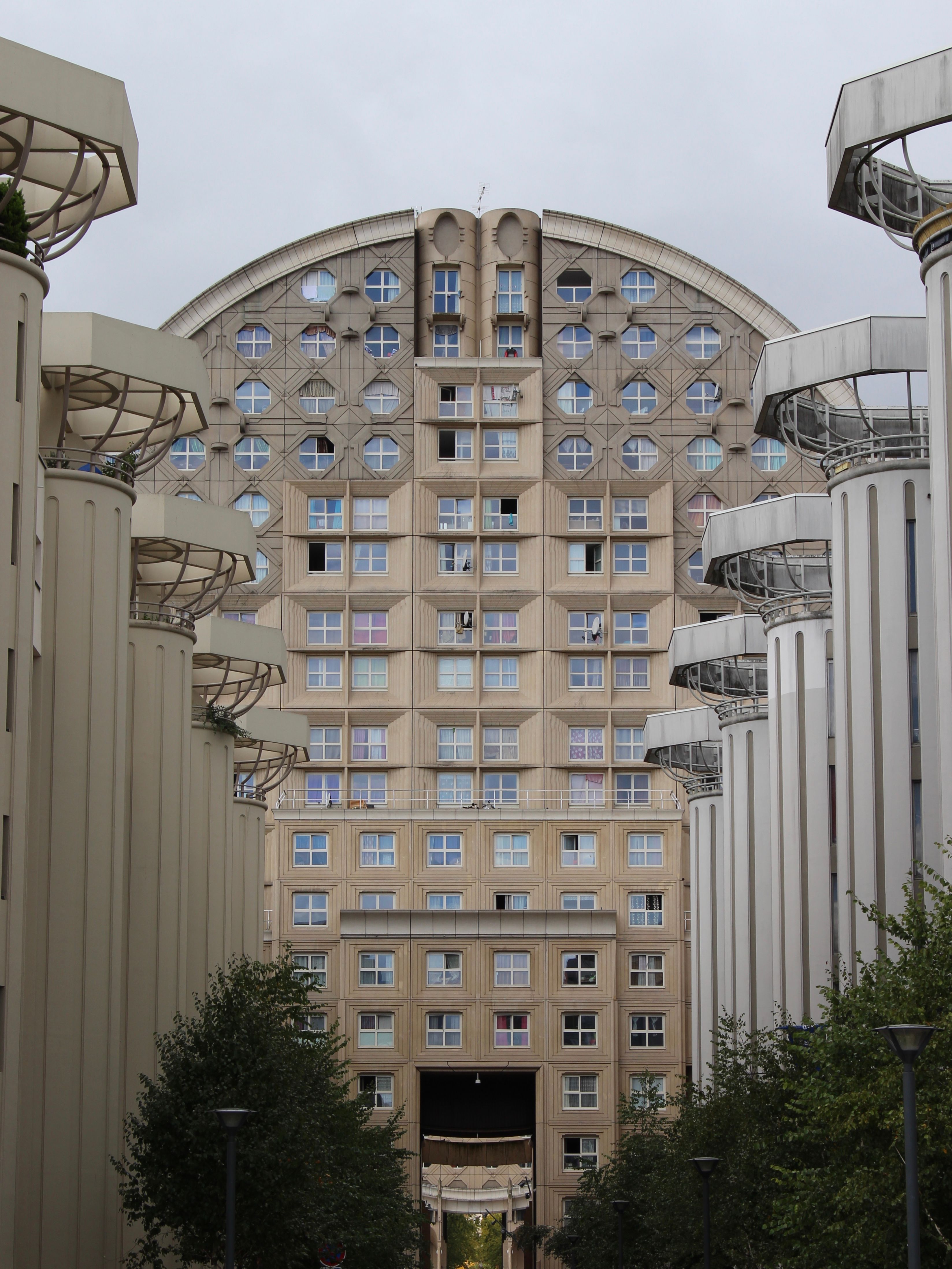 Explore the distinctive geometric design of Picasso's Arenas in Noisy-le-Grand, France.