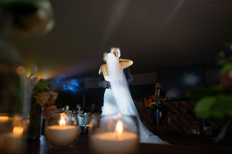 Wedding reception with live band performing for dancing guests