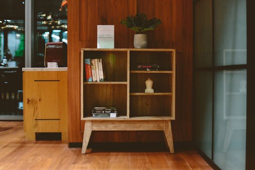 Elegant wooden bookcase with books and plant in a modern interior setting.