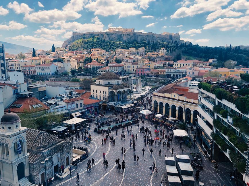 Aerial view of Monastiraki Square framed by the Acropolis - a top Athens attraction