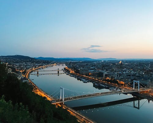 An Aerial Photography of a City with Bridges Over a Long Span of River 