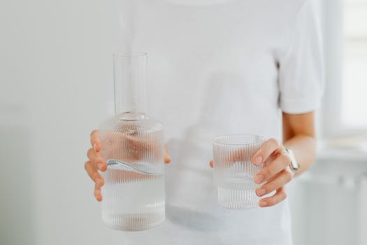 Minimalist image showing hands holding a sleek glass carafe and glass of water.