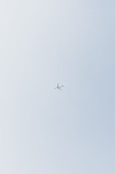 From below of modern passenger aircraft flying high in cloudless sky over ground