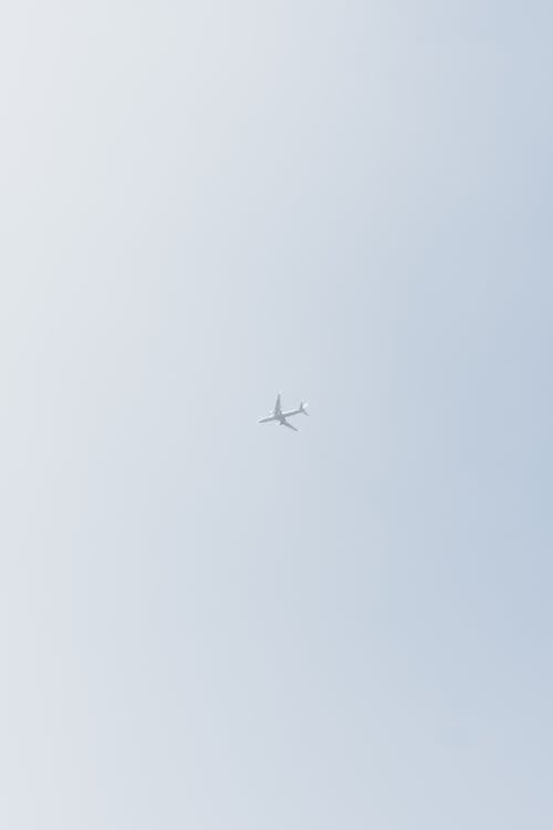 Free From below of modern passenger aircraft flying high in cloudless sky over ground Stock Photo