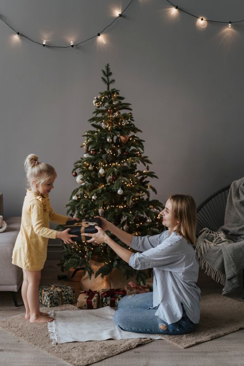Free A warm family moment with a mother and daughter exchanging Christmas gifts under a decorated tree. Stock Photo