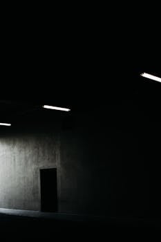 A moody and minimalistic view of a dark corridor with sparse lighting, creating a mysterious atmosphere.
