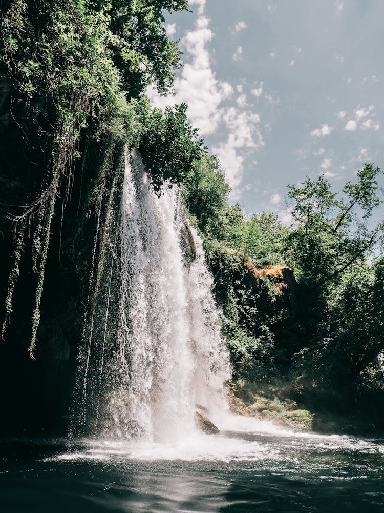 Waterfalls Near Green Trees Under Blue Sky