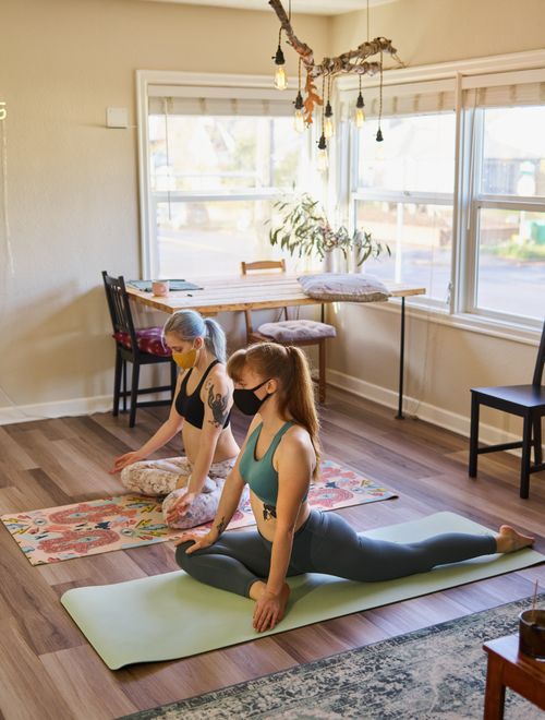 Free Two women in sportswear practice yoga on mats in a cozy living space. Stock Photo