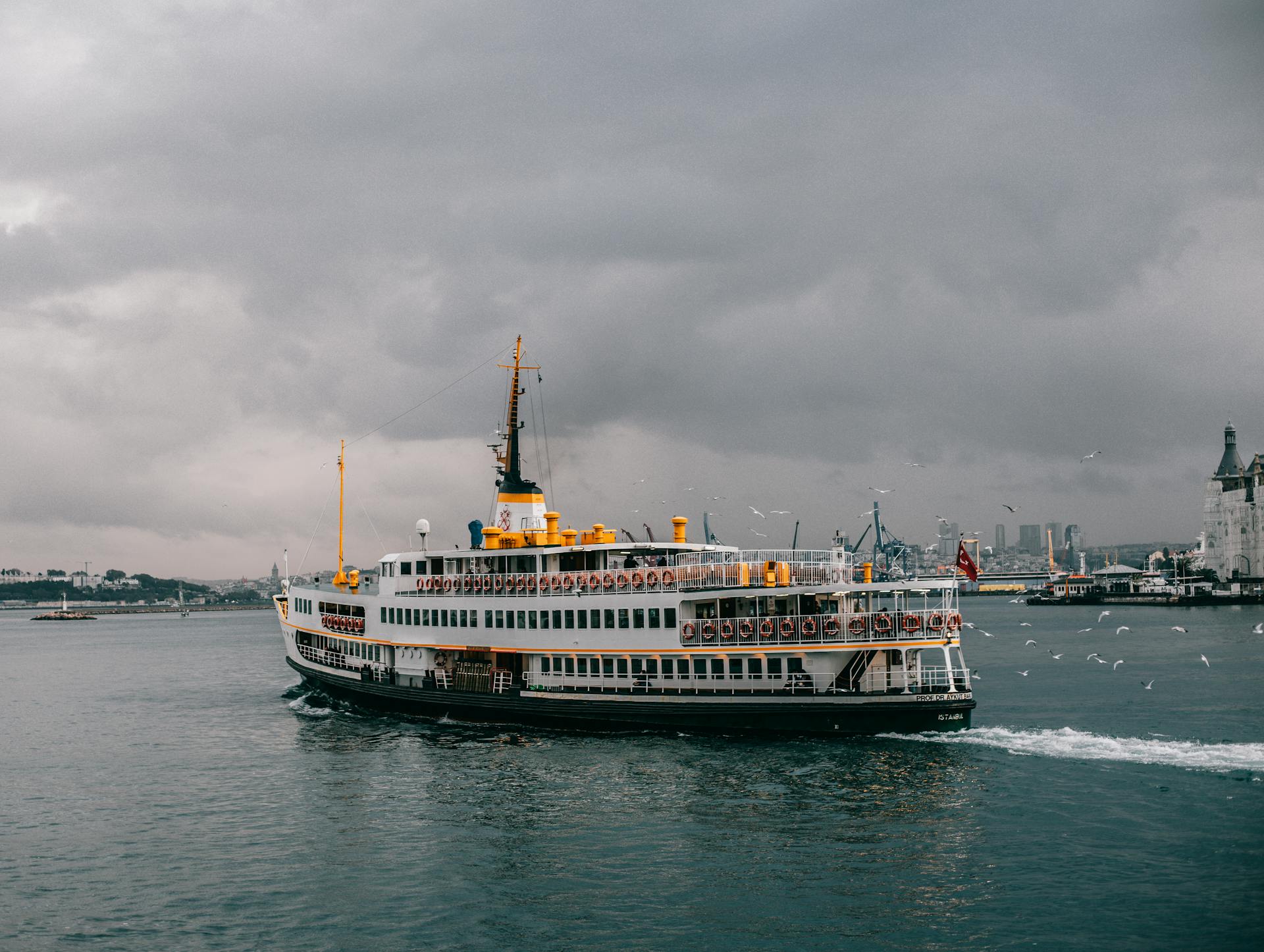 A ferry sails across Istanbul's Bosphorus under a dramatic cloudy sky. Seagulls follow along.
