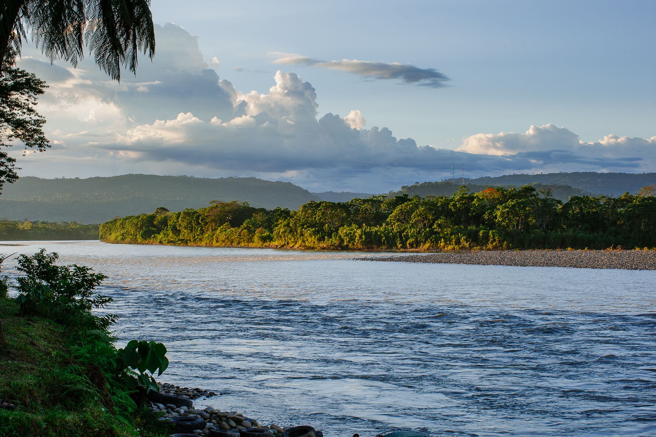 Beautiful landscape of the Tena River with lush green Amazonian forest and blue sky, Napo Province, Ecuador