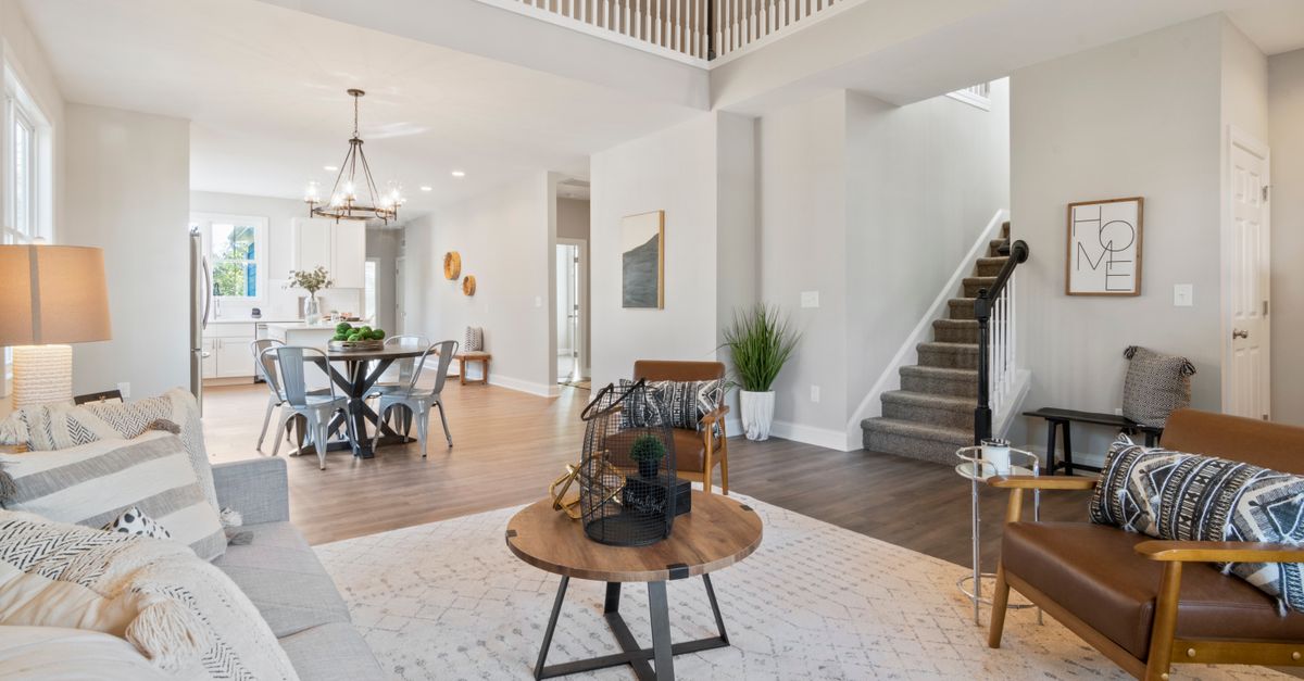 Real estate agent and bright living room staged for showings
