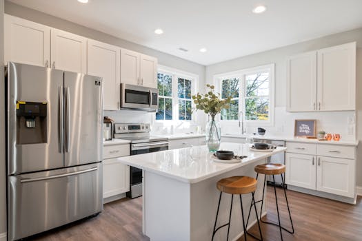 Bright and spacious modern kitchen featuring white cabinets and stainless steel appliances.