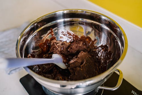 A Melting Chocolate on a Stainless Bowl