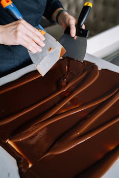 Hand spreading chocolate smoothly with spatulas on a flat surface for dessert preparation.
