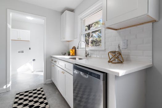 Bright and modern white kitchen interior featuring stainless steel appliances and stylish decor.