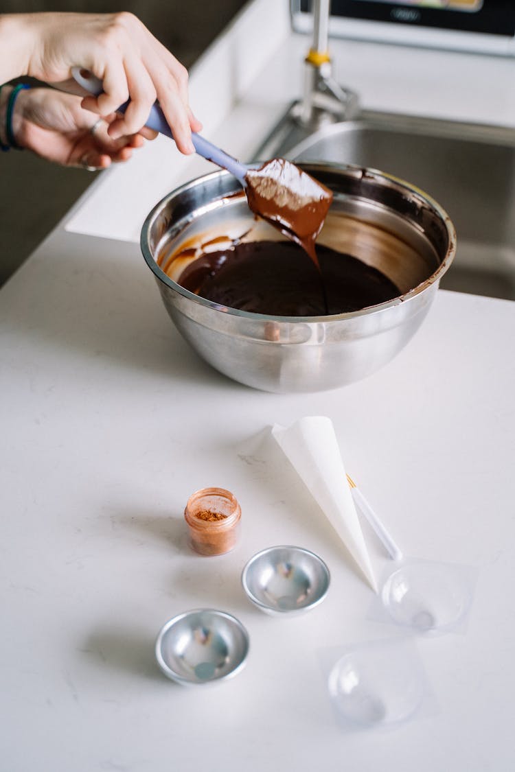 Melted Chocolate In Round Silver Bowl