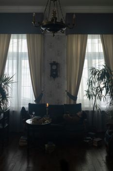 Elegant interior featuring a chandelier, curtains, and houseplants for a cozy ambiance.