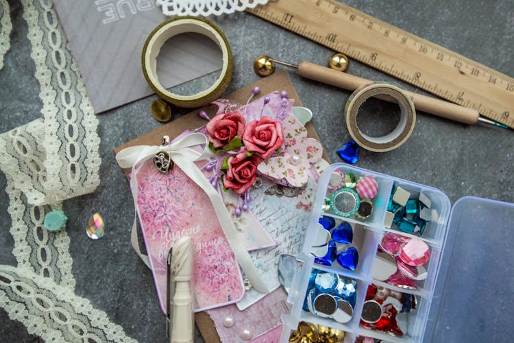 Handmade Greeting Card With Colorful Decoration And Tools On Table