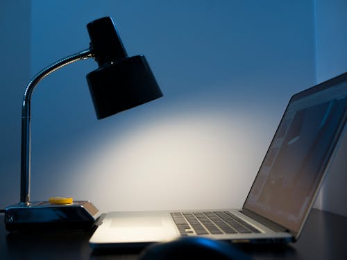 Free stock photo of lamp, laptop, light