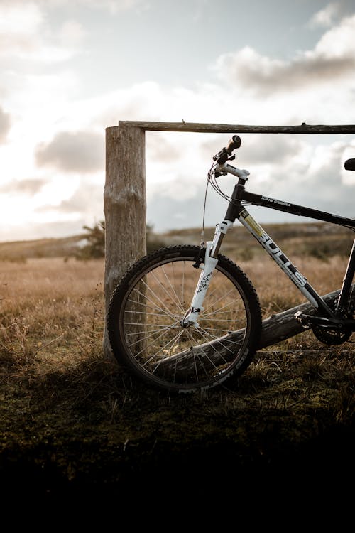 Bike parked near wooden fence on golden grass under shiny cloudy sky in daylight