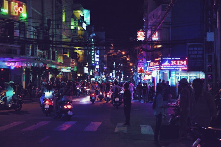 Crowded City Street At Night In Asian Country