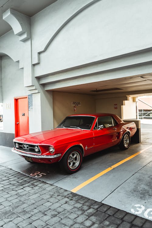 Free Luxury vintage red coupe car with polished surface and chrome details parked in city street garage on sunny day Stock Photo