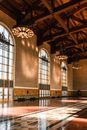 Spacious ticket lobby of aged railway station with classy interior