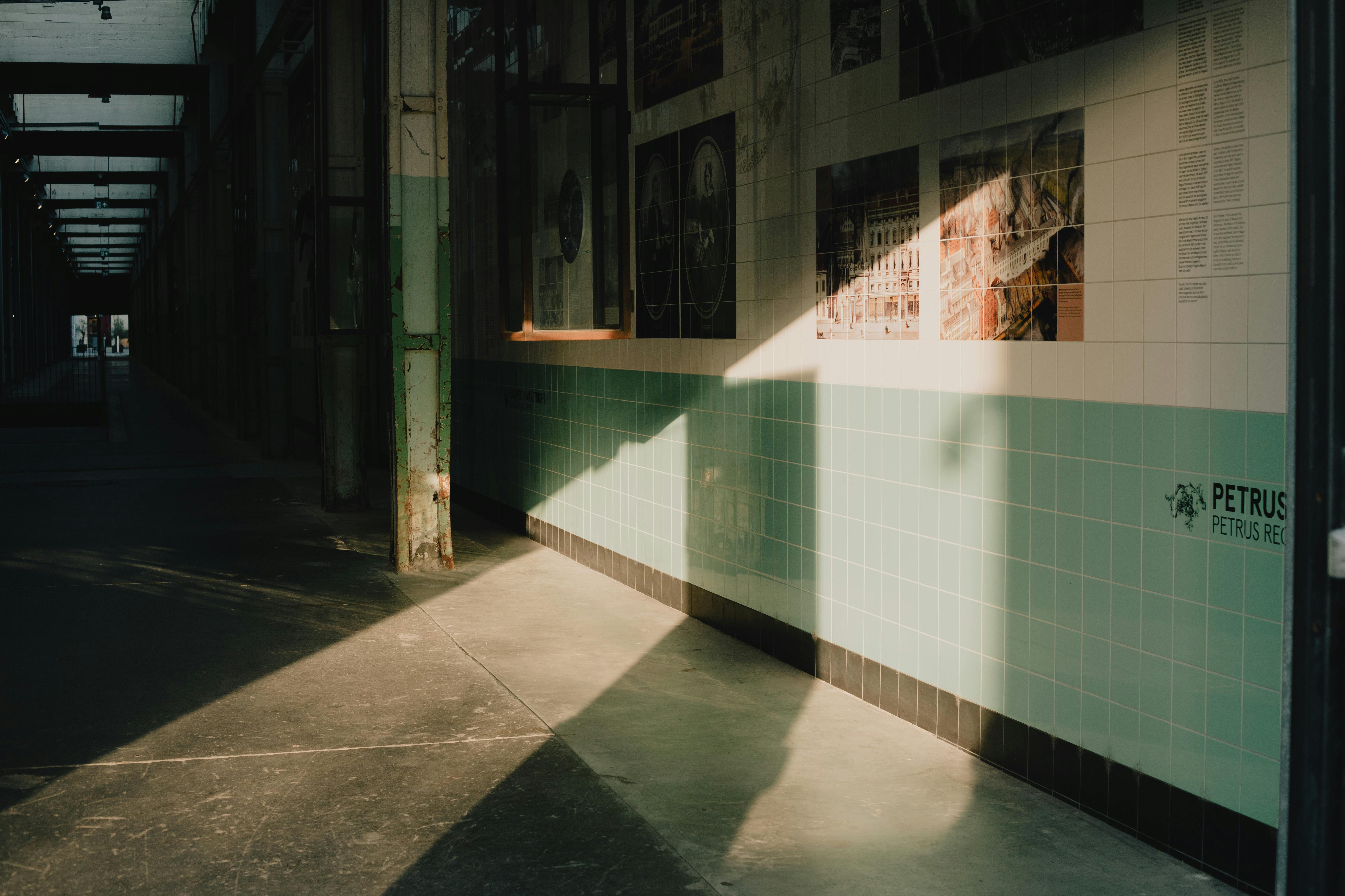 A sunlit alley in Maastricht, NL highlighting art displays and textured walls.