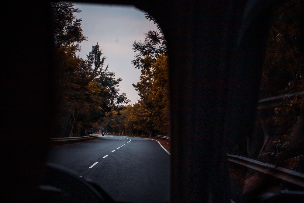 View through windshield of a scenic road through forest