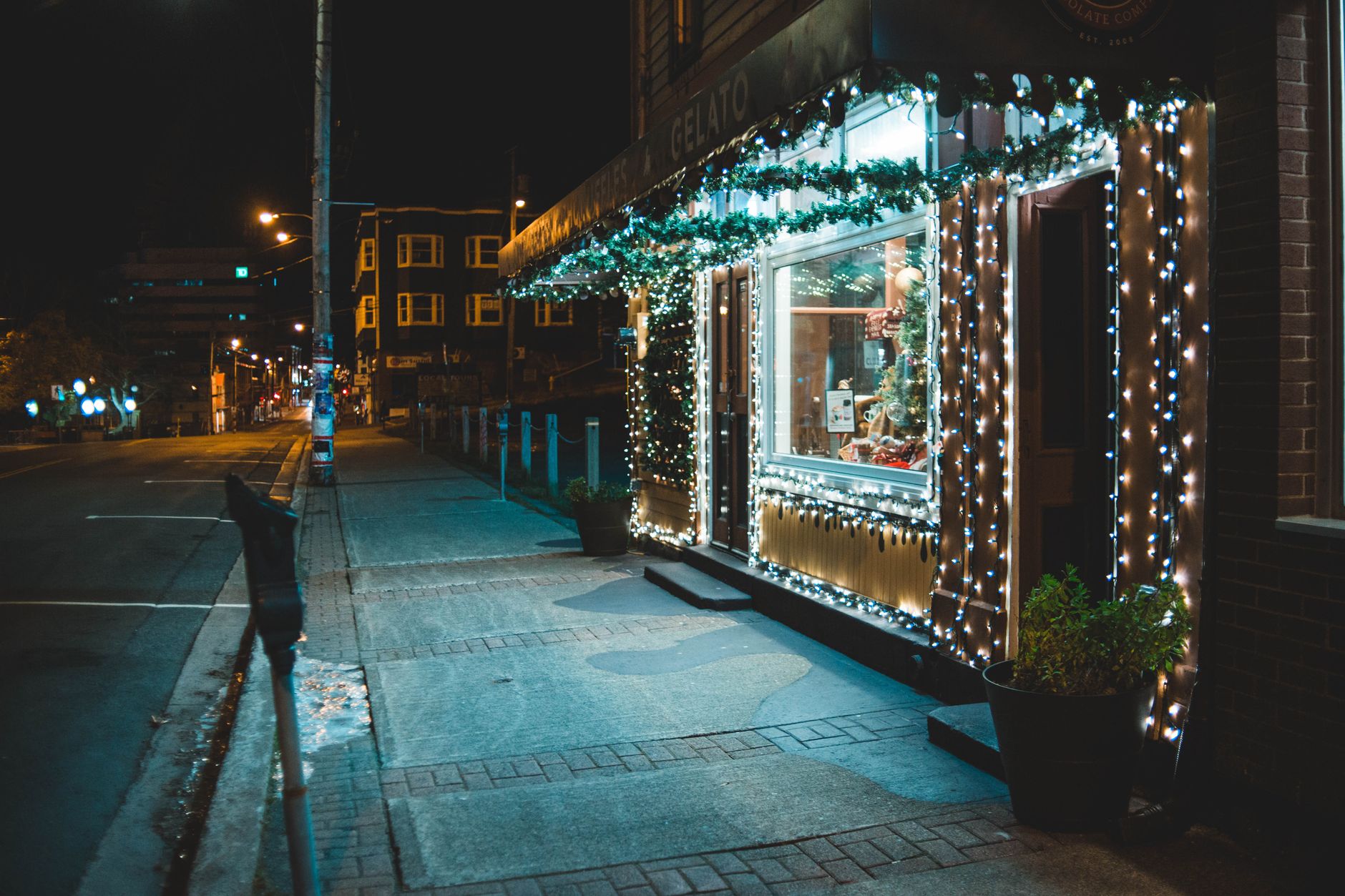 Cozy shopfront adorned with twinkling string lights on a quiet nighttime street.