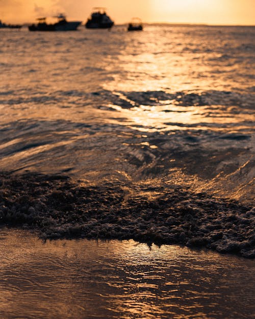 Close-up of Waves on a Seashore at Sunset 