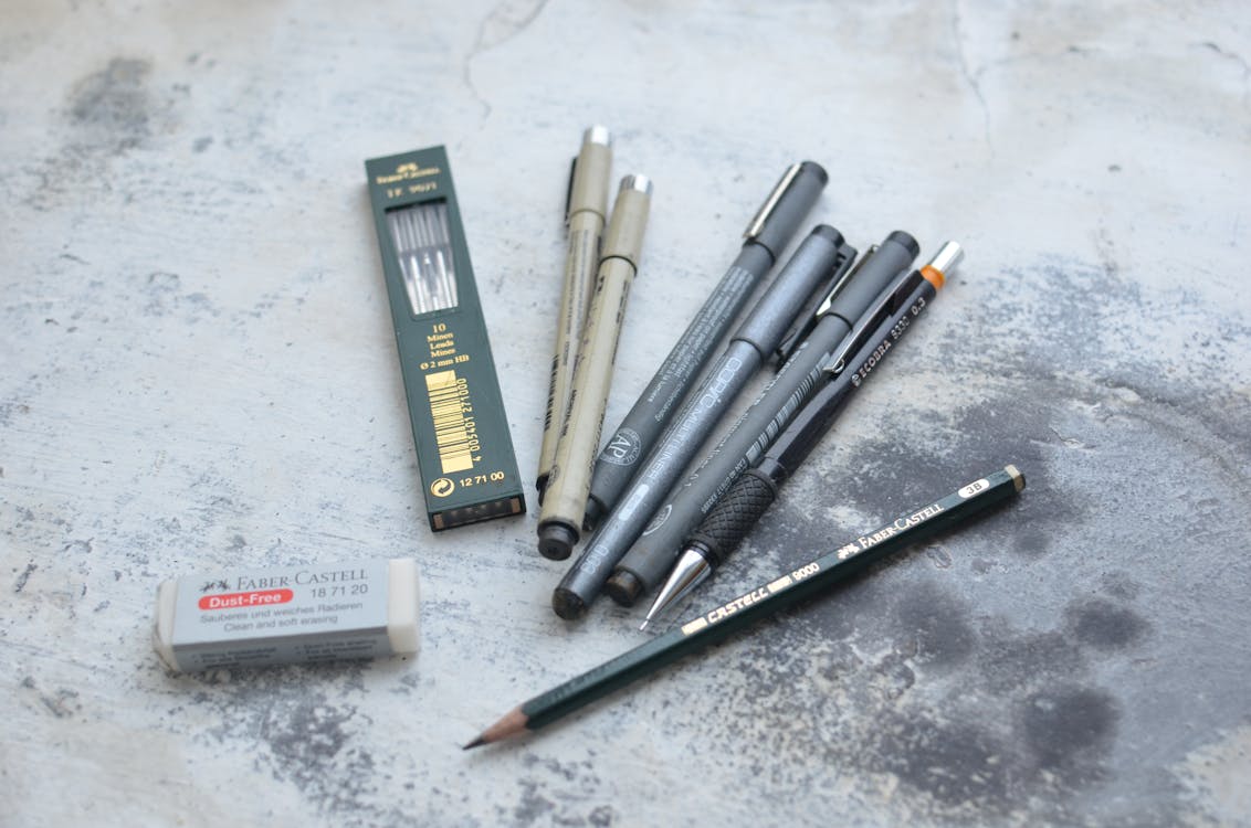 Free Collection of various pencils and markers for drawing Stock Photo