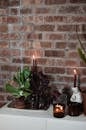Burning candles with green plants against brick wall in room