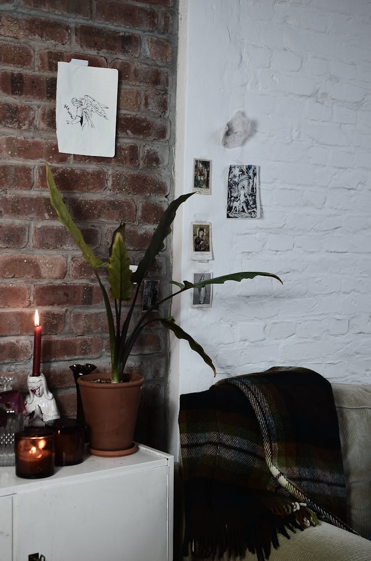 Cozy Room Interior With Sofa And Decor Against Brick Wall