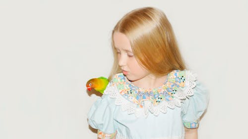 Photo of a Child Beside a Parrot
